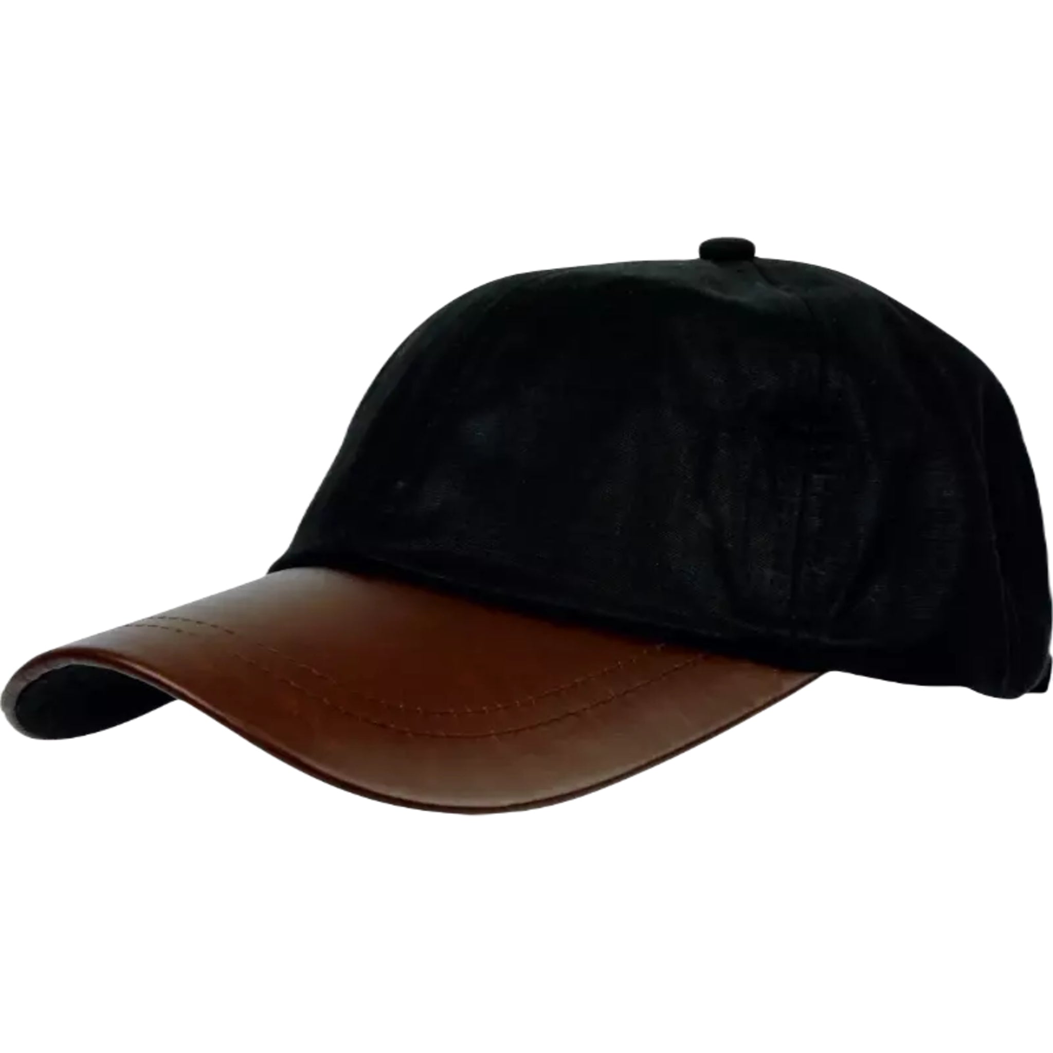 Men's wax baseball cap with brown leather peak, water-resistant outdoor hat in black